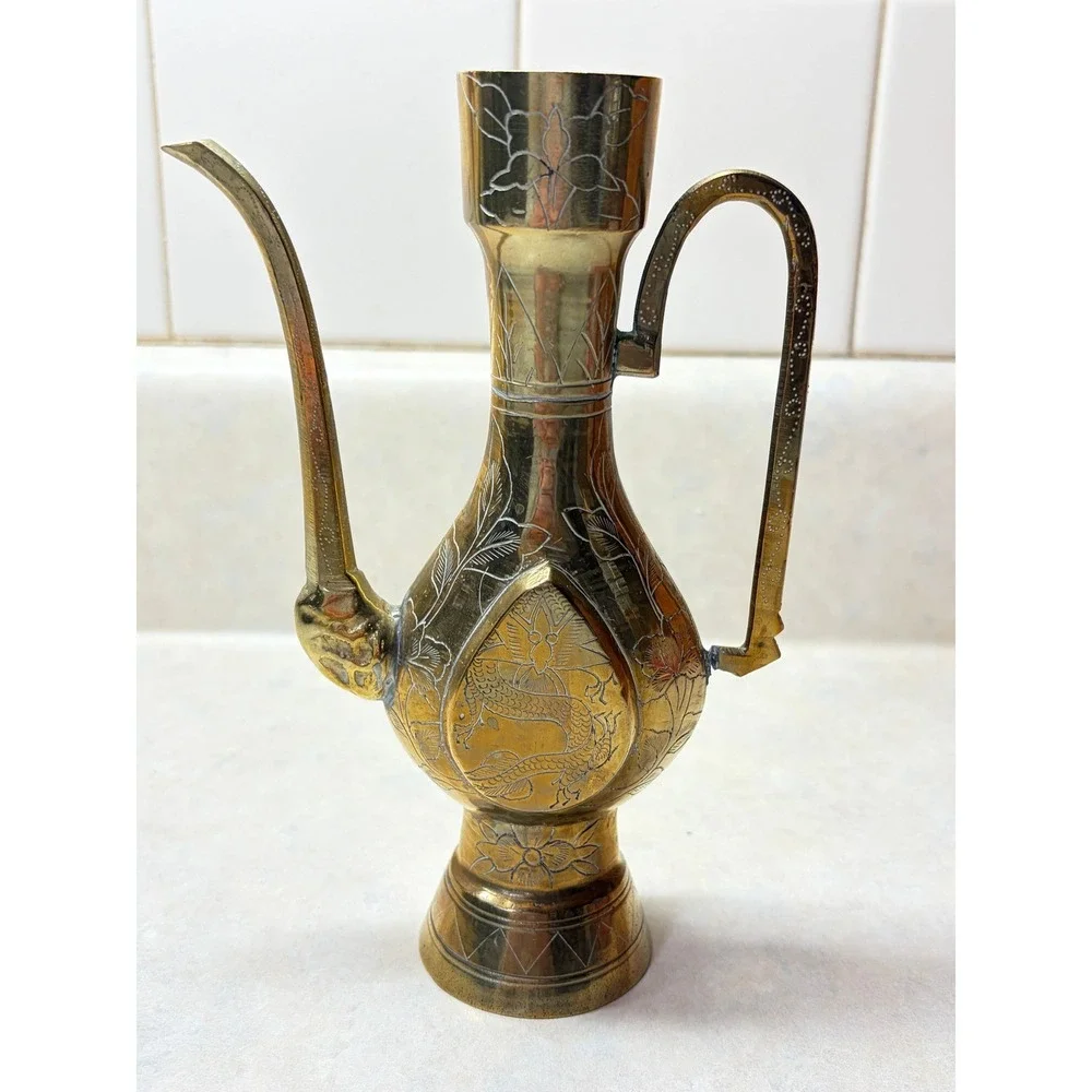Vintage Etched Brass Ewer Pitcher Dragon Floral Design Decorative Accent FLAW 7